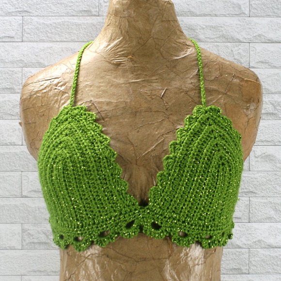 Hand Crafted Tops - HAND CRAFTED Cropped Top Crochet Bikini Green Metallic Festival Fashion Various